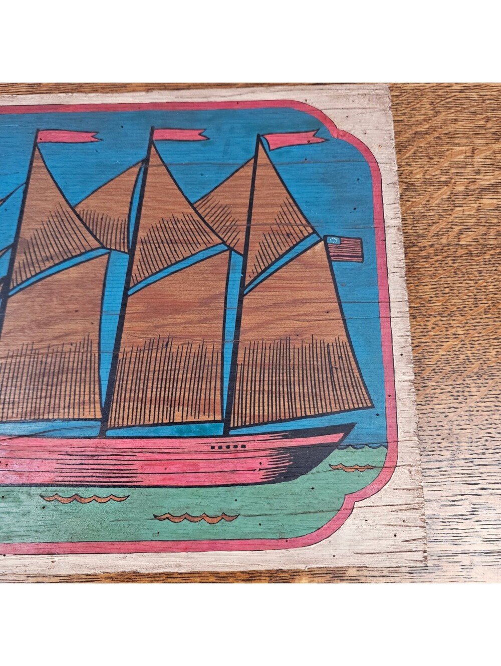 Vintage Folk Art Tall Ship Painted Wood Panel Nautical Wall Hanging 16x12 - Picture 4 of 13